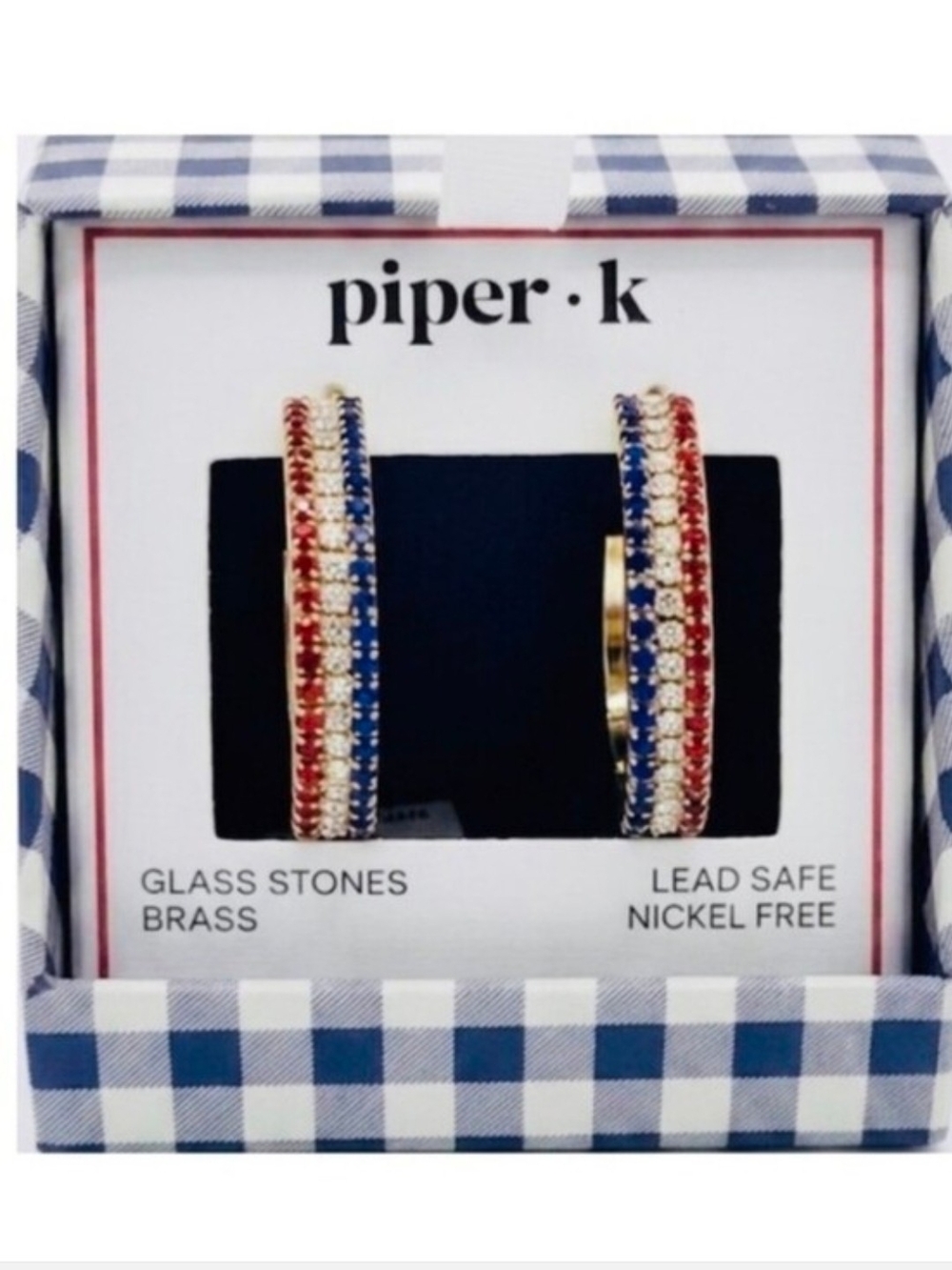 👉✨️piper k Red & Blue Crystal Hoop Patritotuc Amaericana Earrings